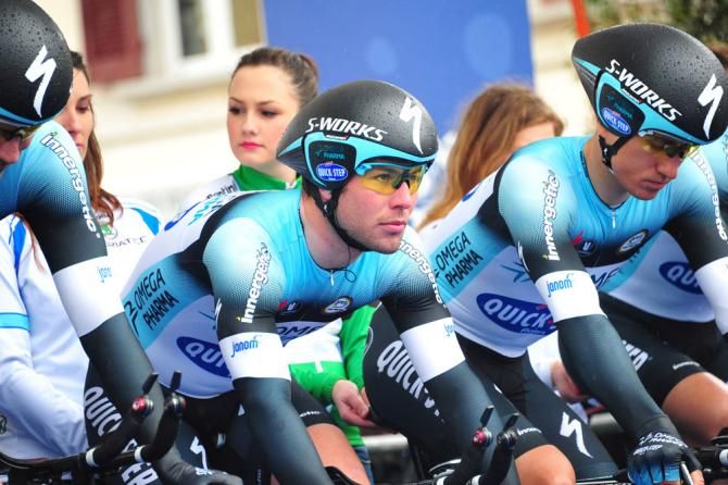 A focused Mark Cavendish (Omega Pharma-Quick Step) awaits the start of the team time trial.