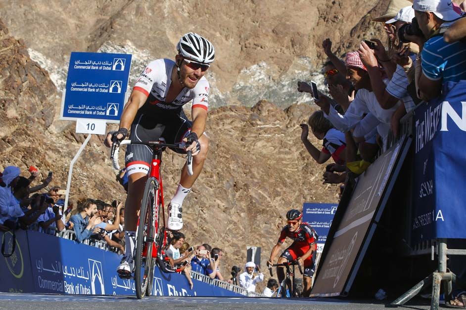 Giacomo Nizzolo rolls in for second place to take the overall lead