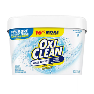 A container of Oxi Clean stain remover and whitening powder