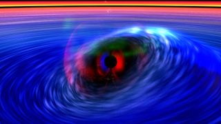 Hot iron gas rides a wave of space-time around a black hole in this computer image taken from a Rossi X-ray Timing Explorer observation.