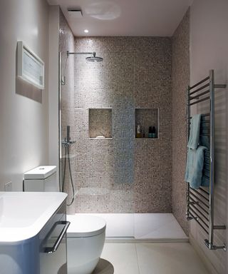 A shower room with a spotlight above the shower an a towel rail to the right