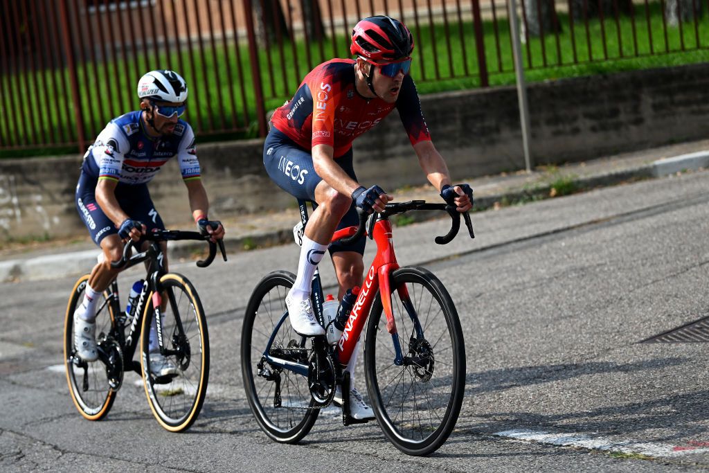 VARESE ITALY OCTOBER 03 LR Julian Alaphilippe of France and Team Soudal Quick Step and Pavel Sivakov of Russia and Team INEOS Grenadiers compete in the chase group during the 102nd Tre Valli Varesine 2023 a 19654km one day race from Busto Arsizio to Varese on October 03 2023 in Varese Italy Photo by Dario BelingheriGetty Images