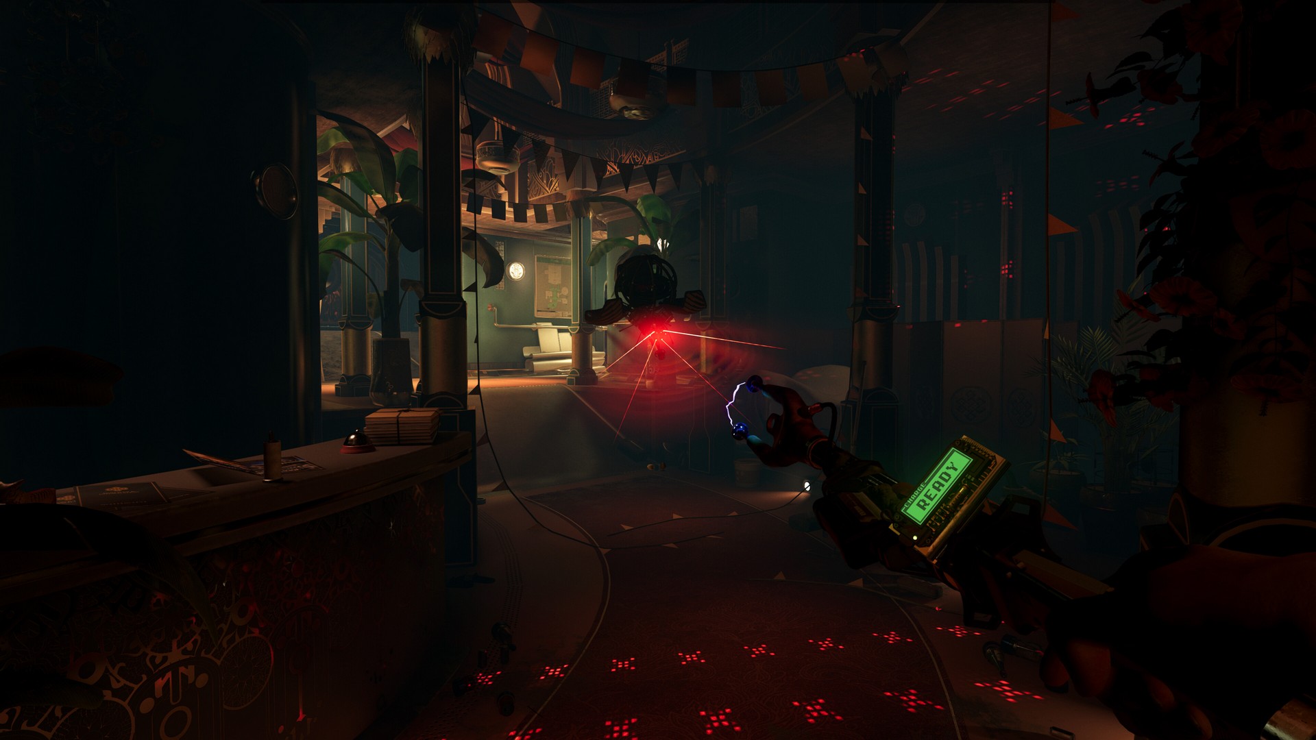 the player approaches a floating drone in Ontos, within a plush but dark lobby area. A red light beams from beneath the drone, but the player is readying a sort of cattle prod to attack