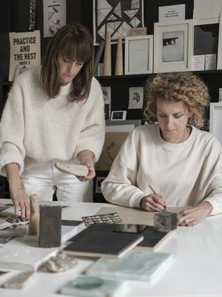 View of Studiopepe designers Arianna Lelli Mami and Chiara di Pinto working in their studio
