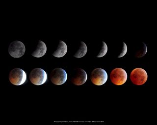 This montage of images taken by skywatcher Kieth Burns shows the Dec. 20, 2010 total lunar eclipse. The photos won a NASA contest to become an official NASA/JPL wallpaper for the public. 