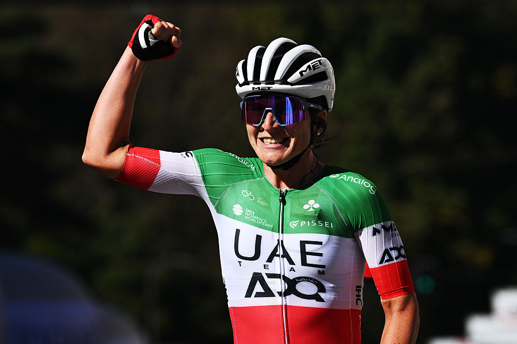 VARESE, ITALY - OCTOBER 07: Elisa Longo Borghini of Italy and UAE Team ADQ celebrates at finish line as race winner during the 5th Tre Valli Varesine Women&amp;apos;s Race 2025 a 137km one day race from Busto Arsizio to Varese on October 07, 2025 in Varese, Italy. (Photo by Dario Belingheri/Getty Images)