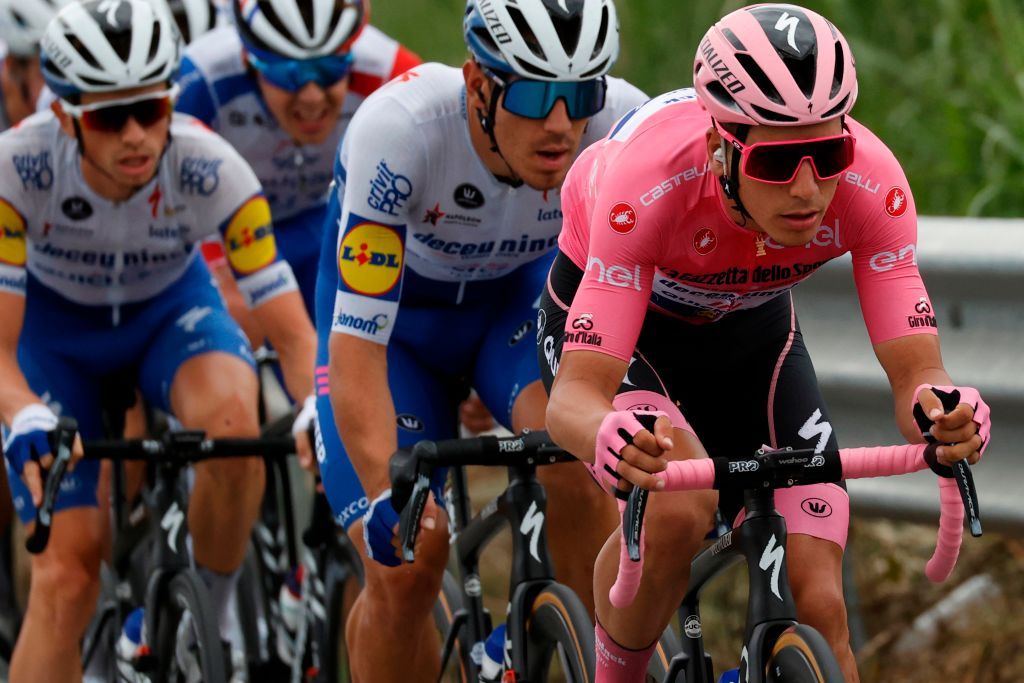 Team Deceuninck rider Portugals Joao Almeida R wearing the overall leaders pink jersey rides during the 4th stage of the Giro dItalia 2020 cycling race a 140kilometer route between Catania and Villafranca Tirrena Sicily on October 6 2020 Photo by Luca Bettini AFP Photo by LUCA BETTINIAFP via Getty Images