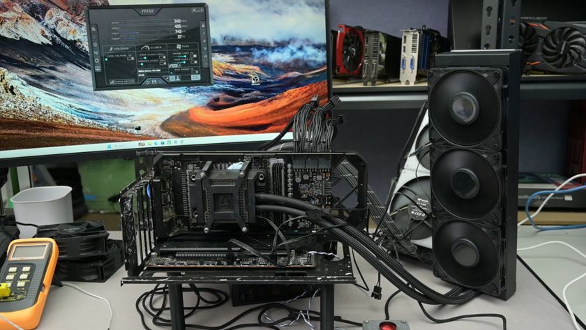 A screenshot from a Trashbench video showing the Arctic WS360 successfully mounted on the operational GeForce RTX 3080 graphics card.