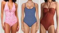 best swimsuit for pale skin header, three images of three women in swimsuits 