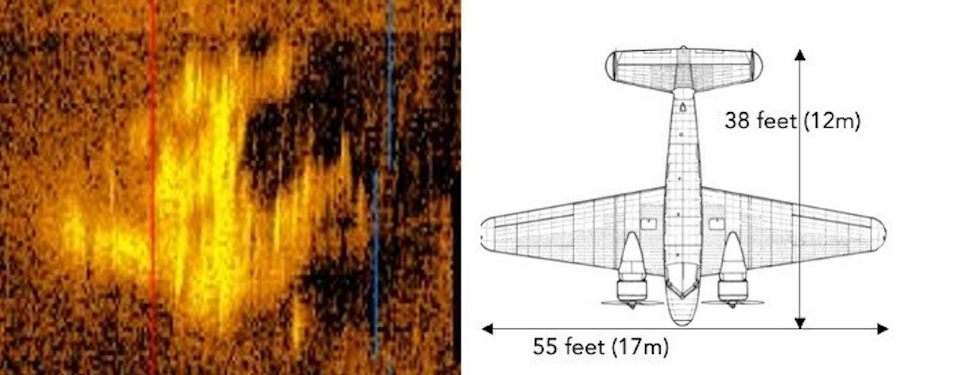 On the left, a sonar image showing a vaguely plane-shaped form. On the right, a diagram of Amelia Earhart's plane