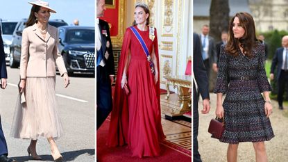 three images of Kate Middleton wearing Dior, Givenchy and Chanel. The first two were taken in July 2025, and the third, in March 2017