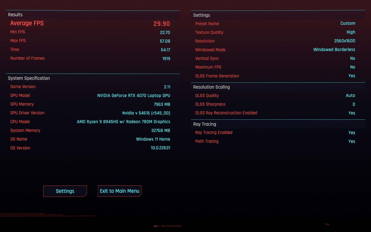 Cyberpunk 2077 benchmarks for Razer Blade 14 (2024) with ray reconstruction on.
