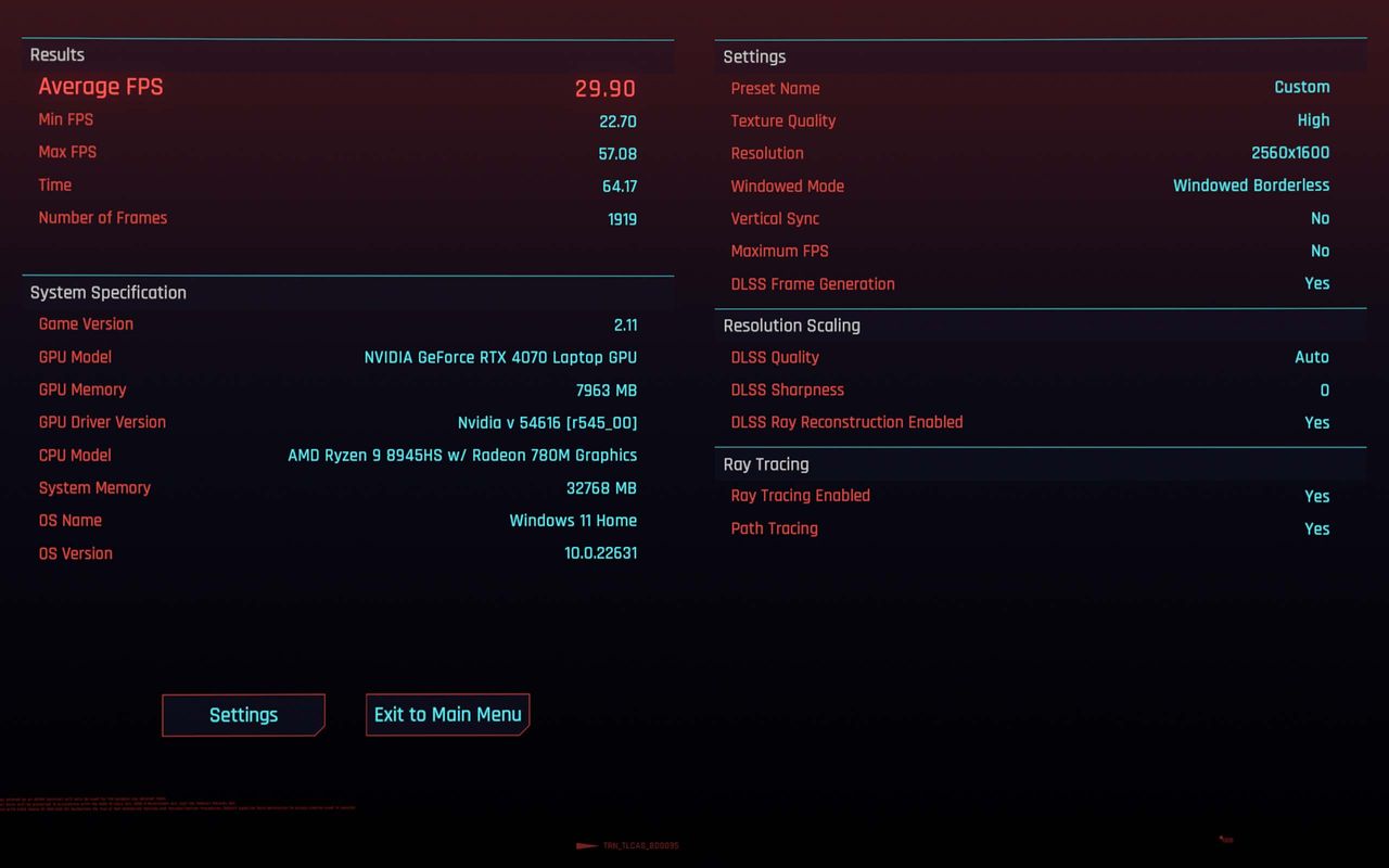 Cyberpunk 2077 benchmarks for Razer Blade 14 (2024) with ray reconstruction on.