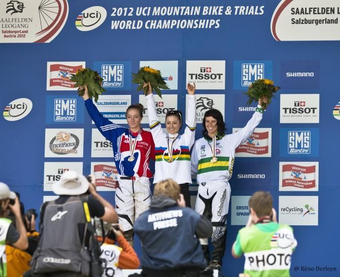 Holly Feniak atop the podium at the 2012 junior downhill Worlds