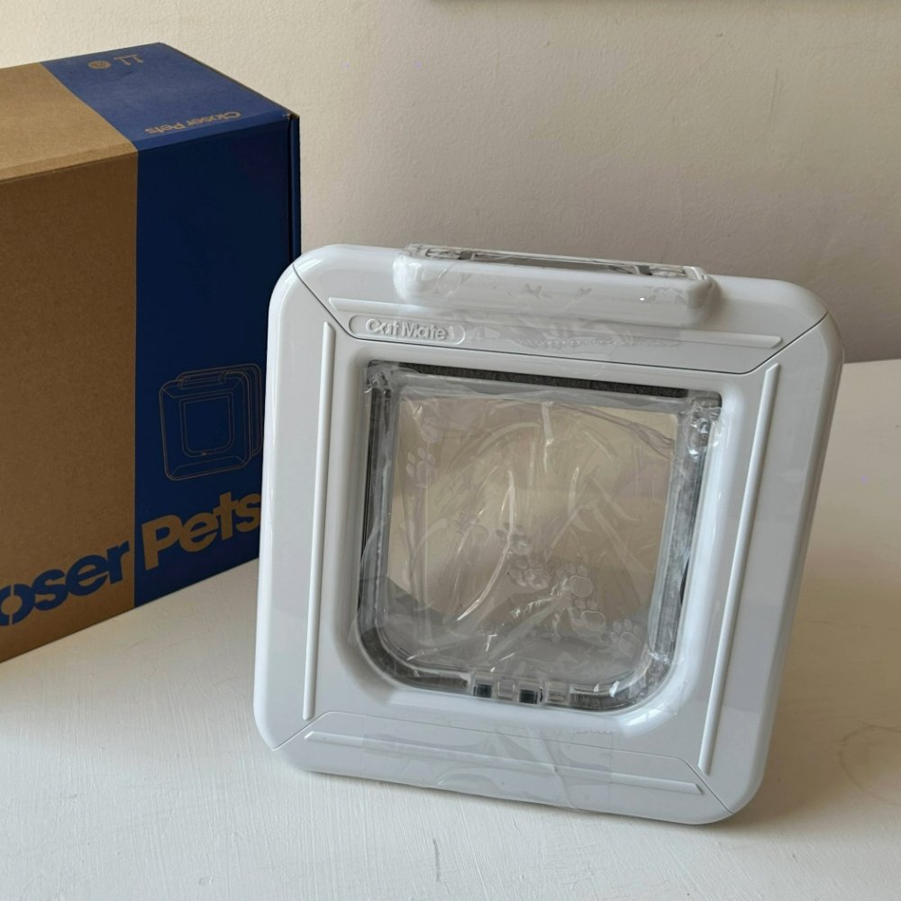 Closer Pets Microchip cat flap with the box on Megan's table