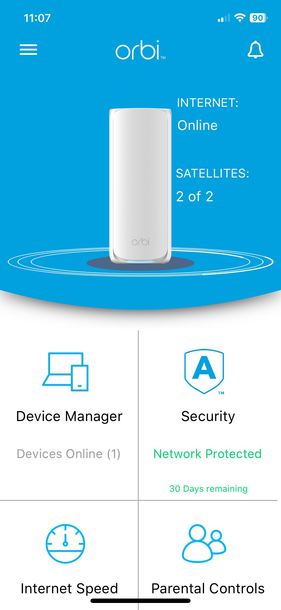 Netgear Orbi 770 app, main page