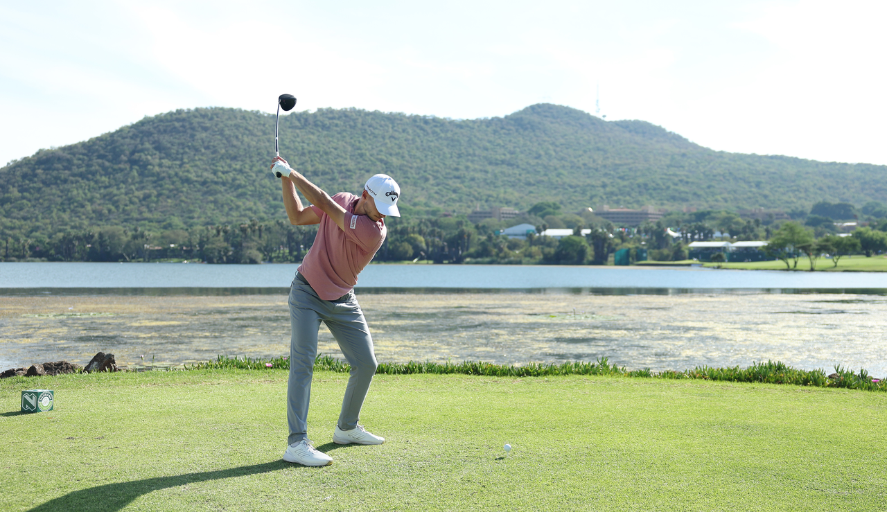 Nicolai Hojgaard at the top of his backswing during the Nedbank Golf Challenge