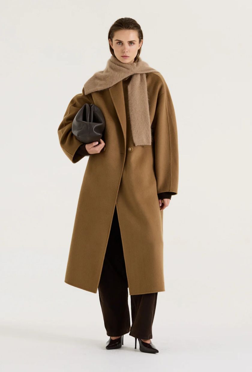 An image of one of the best camel coats from Henne.