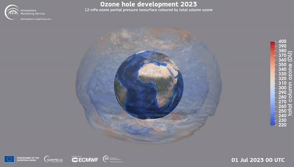 An animation of the ozone layer's development above the South Pole between Jul. 1. And Aug 28, 2023.