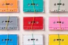 Music cassettes colourful on a plain background