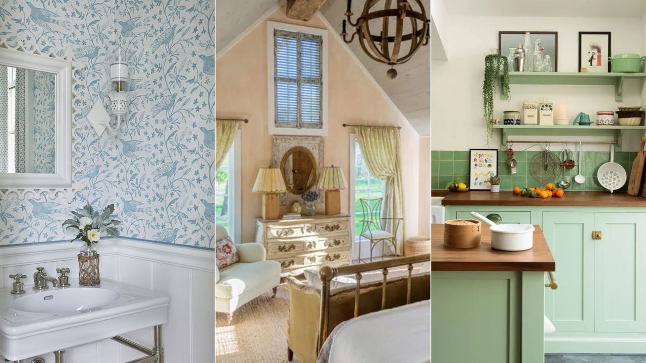 blue and white powder room, pink and green traditional bedroom, kitchen with light green cabinets