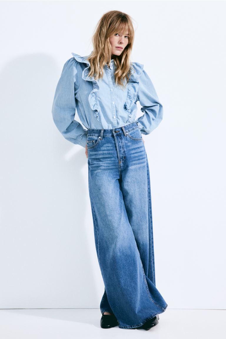 Frill-Trimmed Denim Blouse