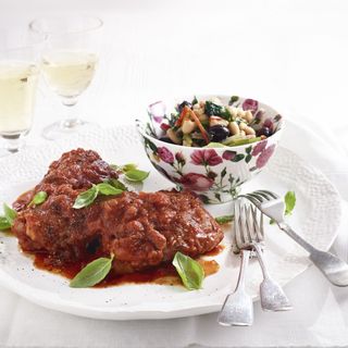 Chicken in Tomatoes and Red Wine with a Warm Bean Salad