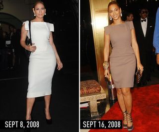J.Lo (2008) & Beyonce (2008) in structured day-dress with slicked-back hair and pave diamond earrings