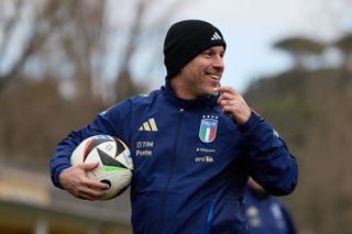 Andrea Soncin manager of Italy Women looks on during an Italy Women training session at Centro Tecnico Federale di Coverciano on February 18, 2025 in Florence, Italy.