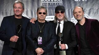 Deep Purple’s Ian Gillian, Ian Paice and Roger Glover with Lars Ulrich at the 2016 Rock And Roll Hall Of Fame