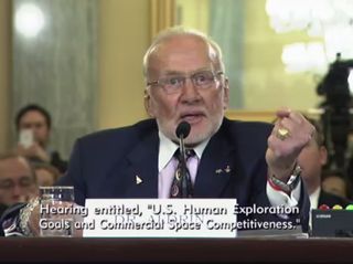Apollo 11 astronaut Buzz Aldrin, the second man to walk on the moon, gives testimony on the future of NASA and American space exploration to the U.S. Senate Subcommittee on Space, Science and Competitiveness on Feb. 24, 2015.