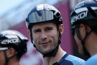 Israel-Premier Tech's Canadian rider Derek Gee is pictured on stage before the 8th stage of the 108th Giro d'Italia cycling race of 197kms from Giulianova to Castelraimondo on May 17, 2025. (Photo by Luca Bettini / AFP)