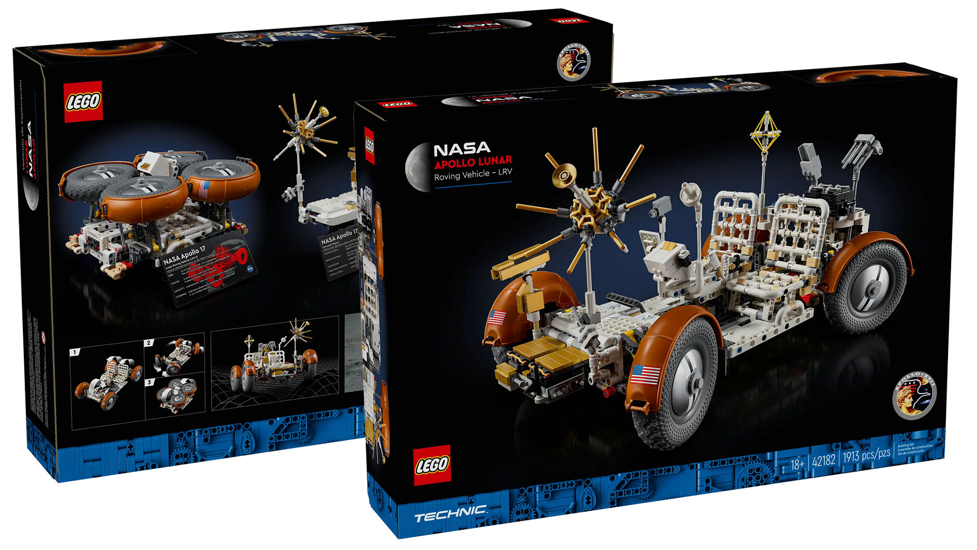 photos of the front and back of the box for a lego moon rover
