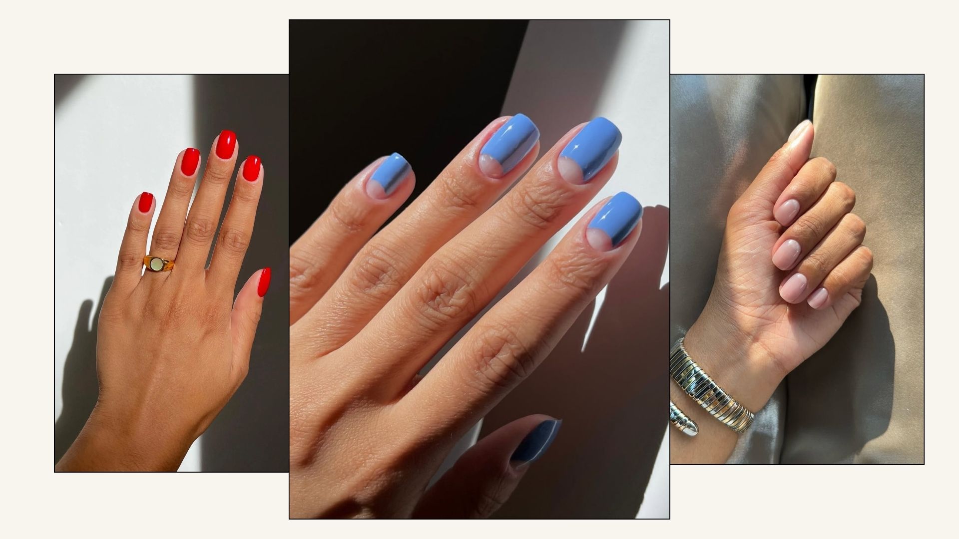 A selection of chic nail colours to wear this June, including red, blue and soft pink