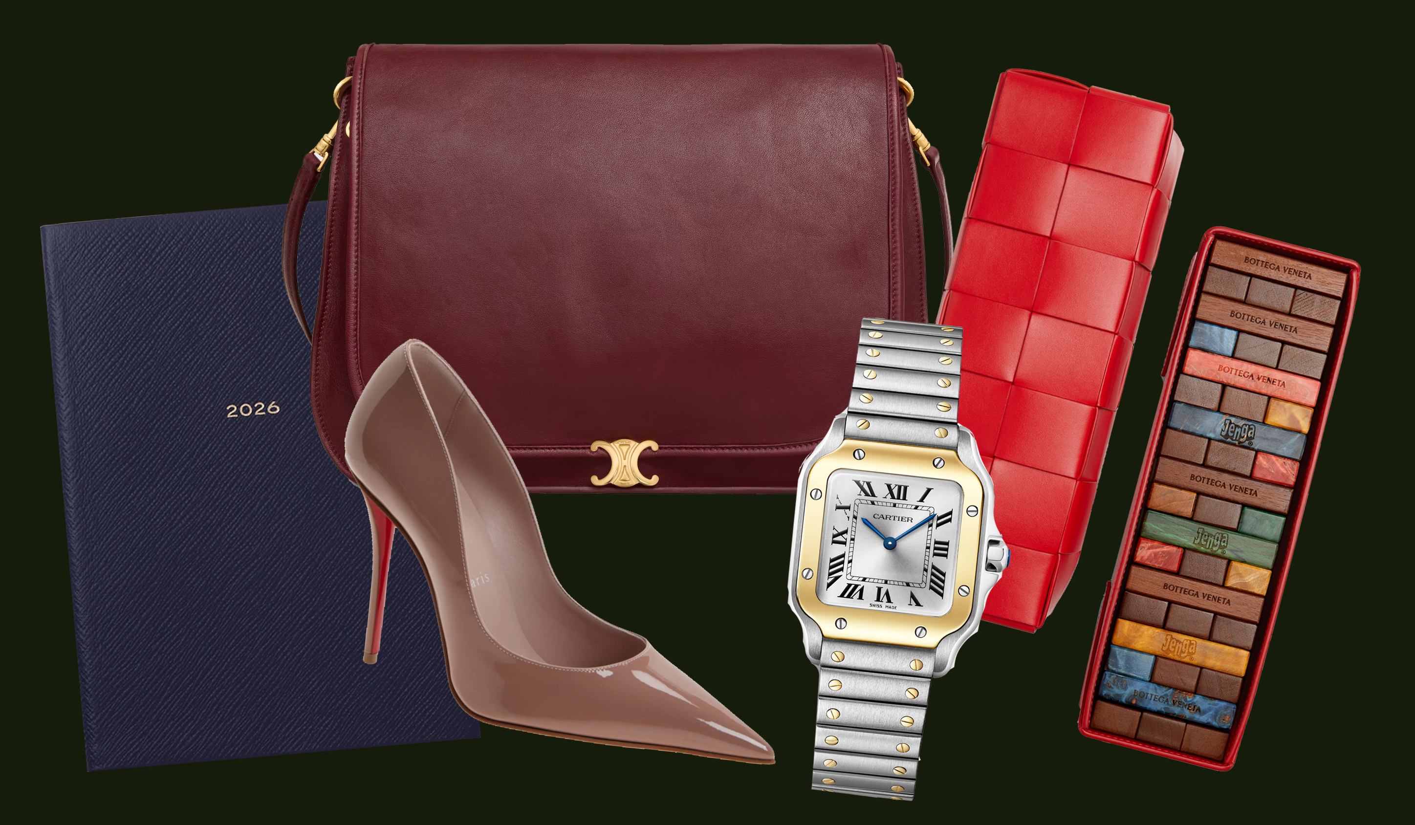 collage of handbag, shoes, notebook, watch, and bag