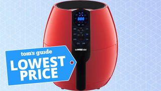 GoWise Air Fryer in red against sky blue background