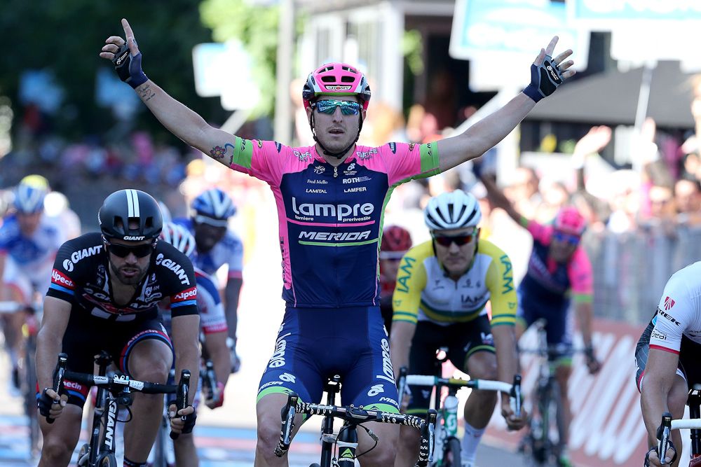 sacha Modolo salutes his second win of the 2015 Giro d'Italia.