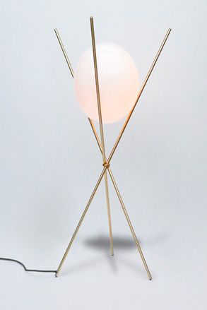 Floor lamp consisting of three brass rods and sphere of opaline blown glass