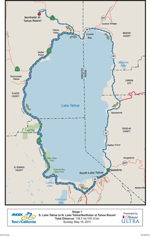 Riders do one and a half laps around Lake Tahoe