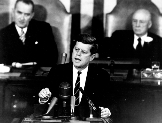 President John F. Kennedy called for an ambitious U.S. space program during a joint session of Congress on May 25, 1961, and announced the goal of landing astronauts on the moon by the end of the decade.