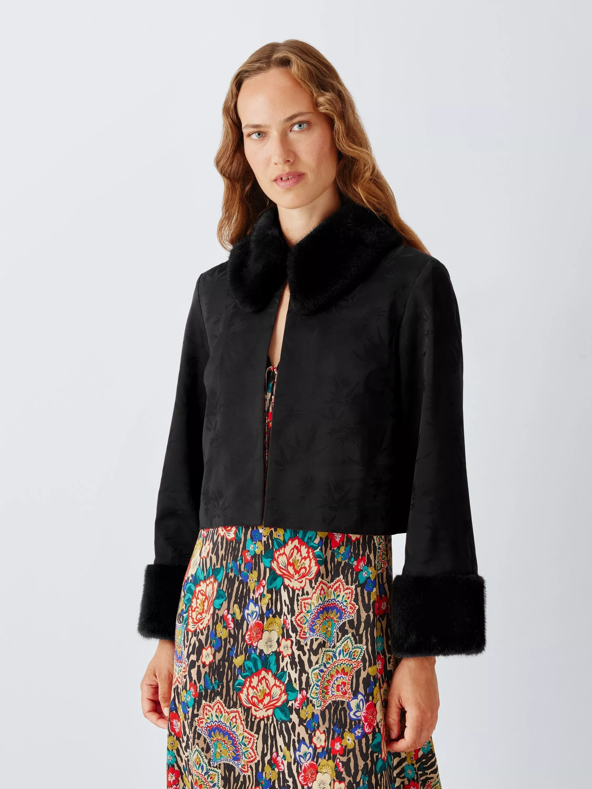 John Lewis X Rixo Luanne Faux Fur Trim Cropped Jacket, Black