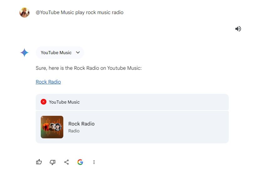 An example of asking Gemini to show "rock music radio" using the YouTube Music extension.