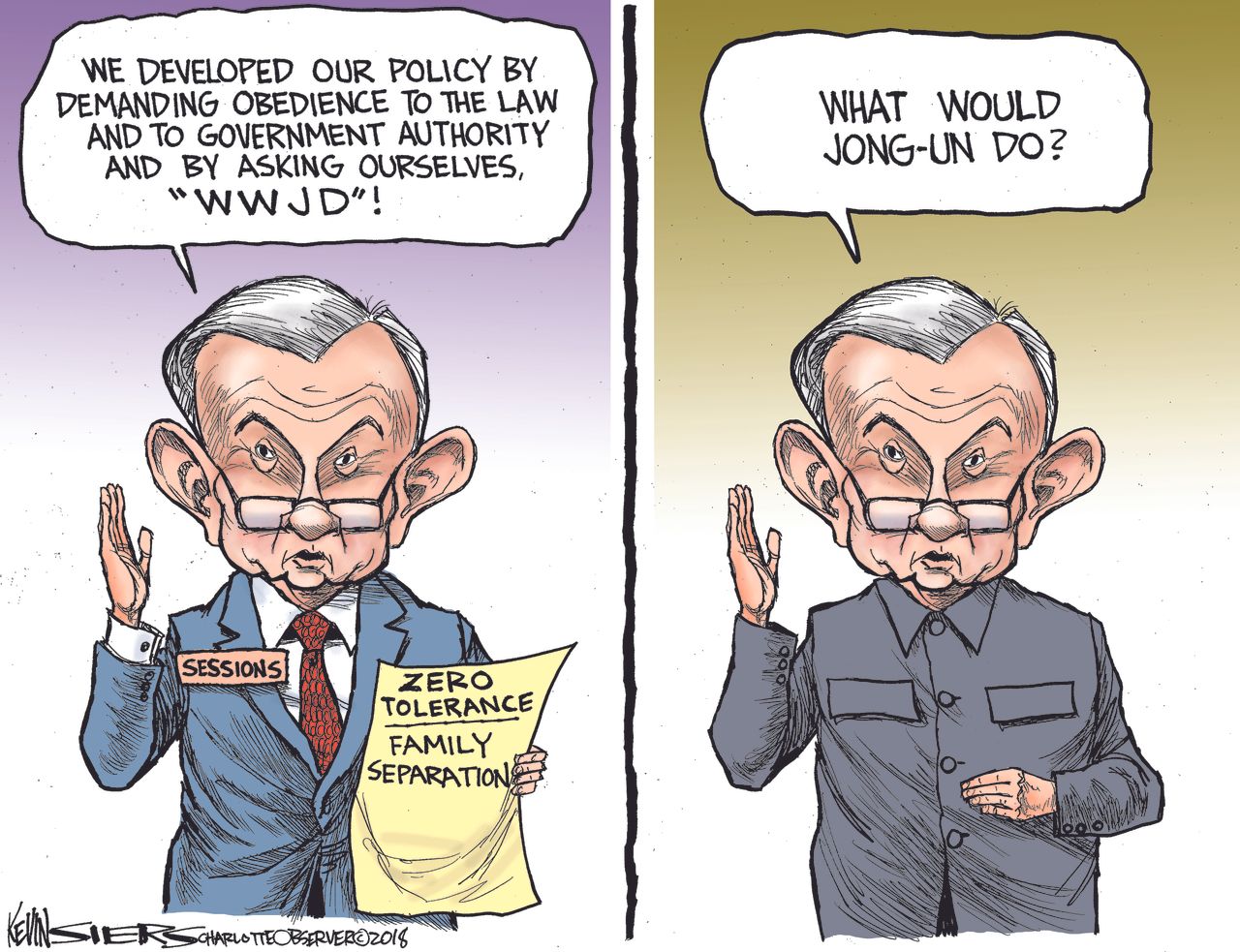 Political cartoon U.S. Jeff Sessions family separation immigration migrant Kim Jong Un border policy