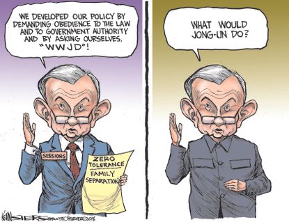 Political cartoon U.S. Jeff Sessions family separation immigration migrant Kim Jong Un border policy