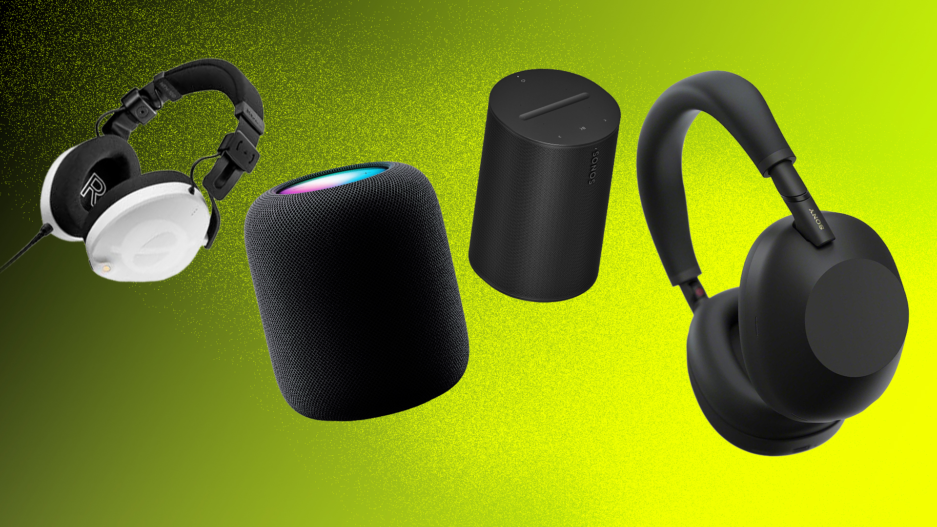 The Rode NTH-100, the Apple HomePod 2, the Sonos Era 100 and the Sony WH-1000XM6 on a yellow background