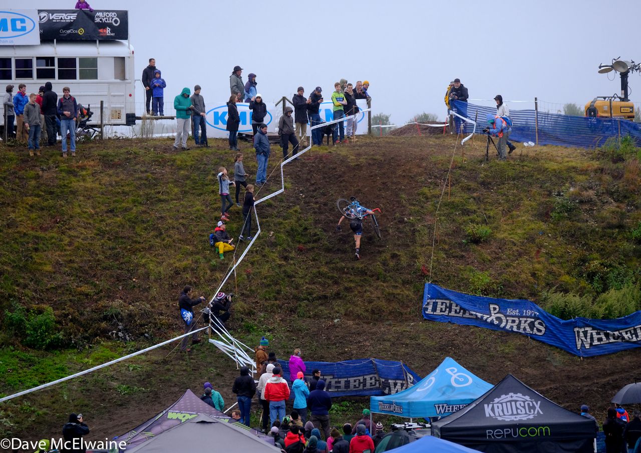 Katie Compton (Trek Panache) racing alone on the steepest run-up