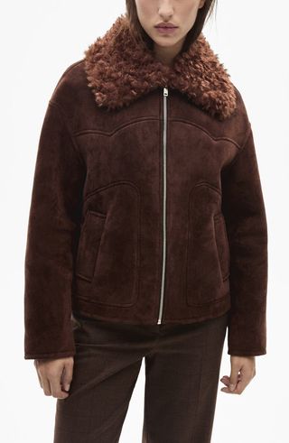 Faux Shearling Collar Faux Suede Jacket