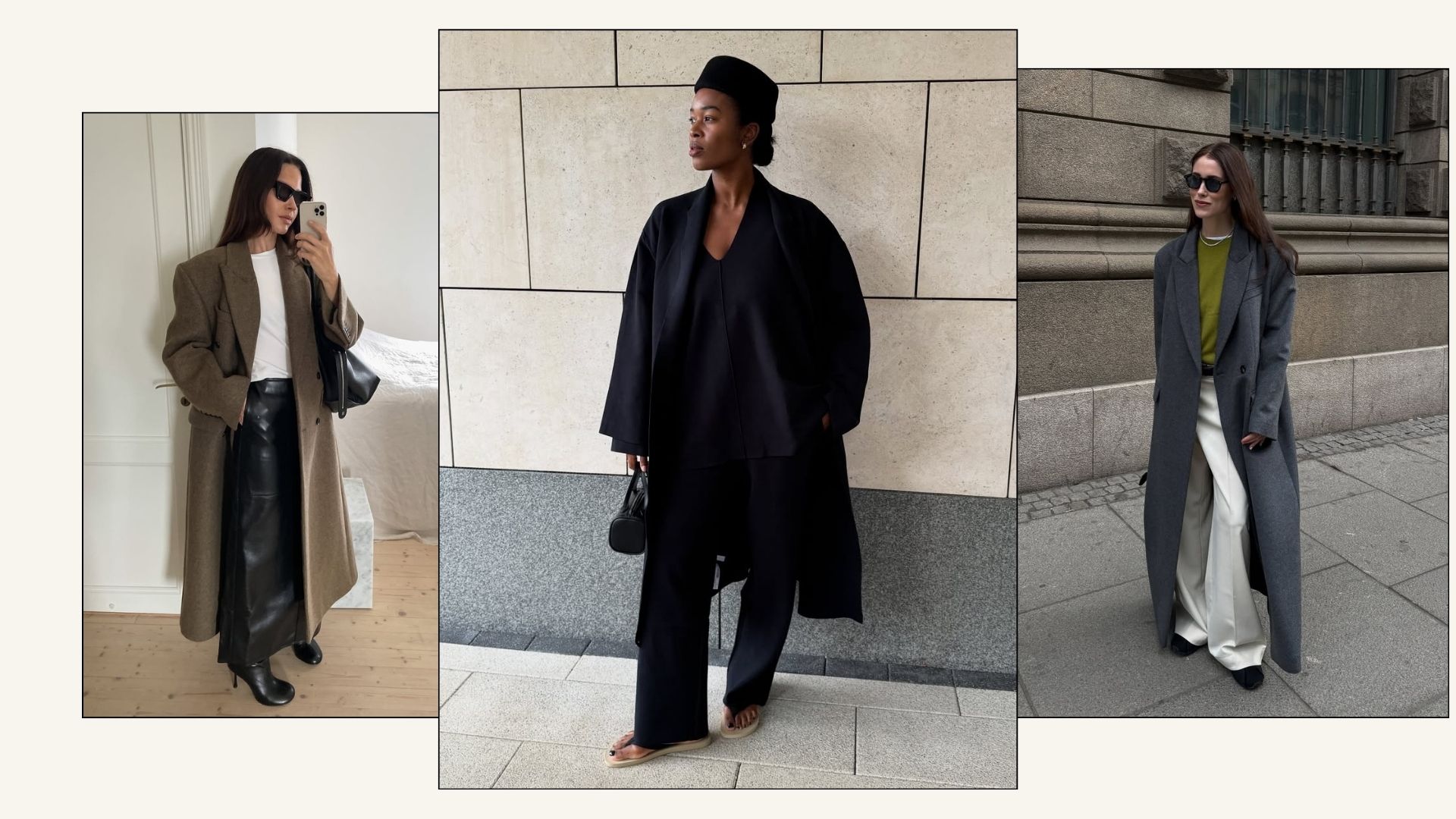 Three content creators wearing long coats, tailored trousers against a plain background.