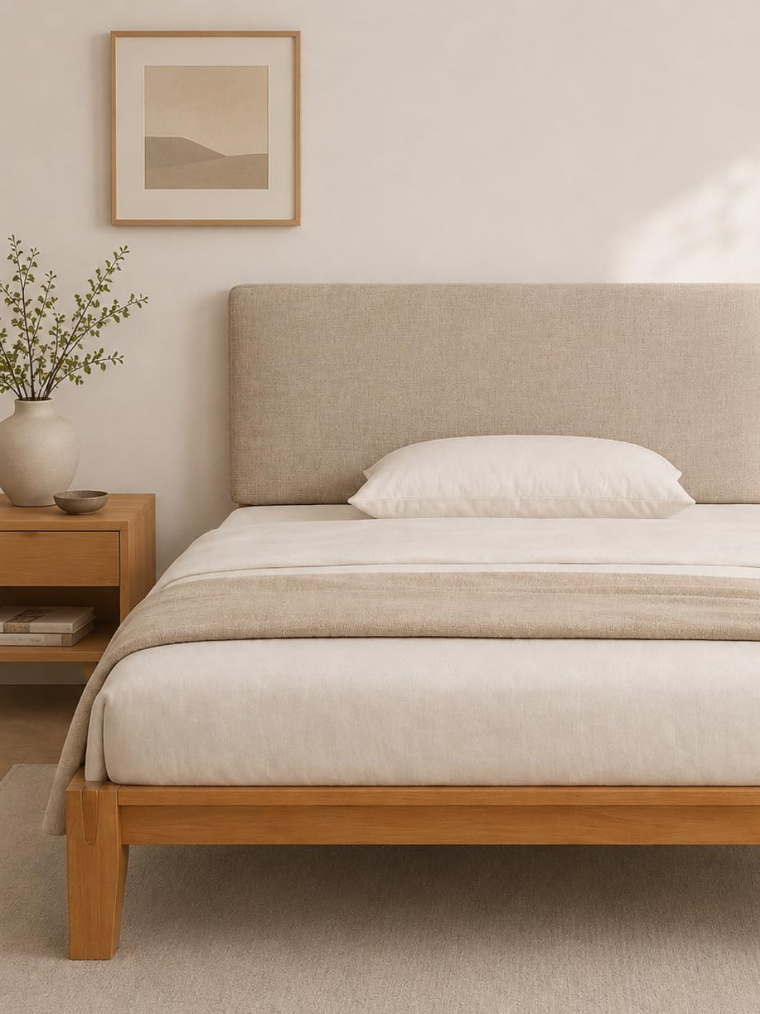 A solid wood single bed frame with an upholstered backrest from Brintavo