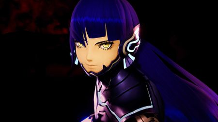 Shin Megami Tensei V: Vengeance's protagonist, a boy with long purple hair and golden eyes, looks into the camera.